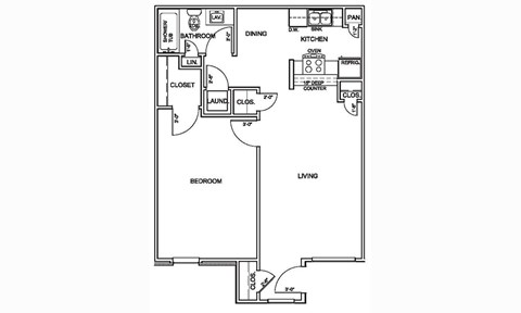 Floor plan for 1 bed, 1 bath, 618 sqft